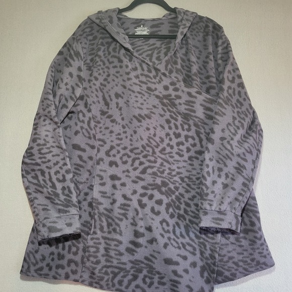 Cuddl Duds Sweaters - Cuddl Duds Fleecewear with Stretch Leopard Print Hoodie Wrap Gray Black L/XL